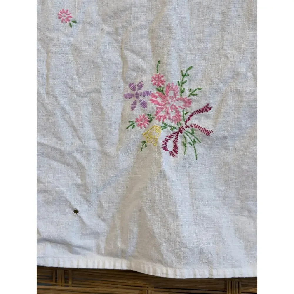Vintage handmade white embroidered tablecloth floral cottagecore square 30X30